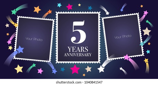 5 years anniversary vector emblem, logo. Template design, greeting card with photo frame collage on festive  background for 5th anniversary 