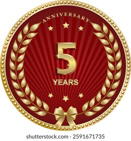 5 years anniversary vector golden design on red  background for celebration, congratulation and greeting card, logo, icon