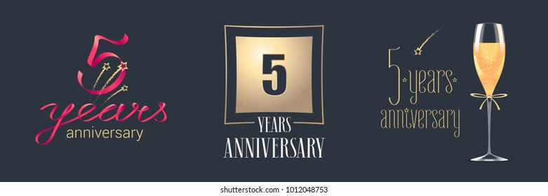 5 years anniversary vector icon,  logo set. Festive design element with  golden numbers and champagne for 5th anniversary celebration 