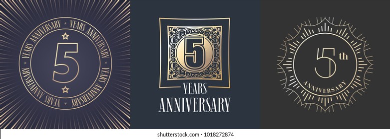 5 years anniversary vector icon,  logo set. Graphic round gold color design elements for 5th anniversary banner 