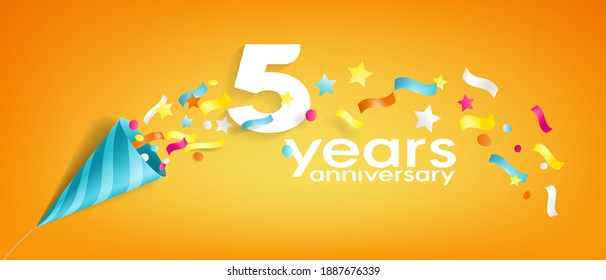 5 years anniversary vector icon, logo, greeting card. Design element with slapstick for 5th anniversary