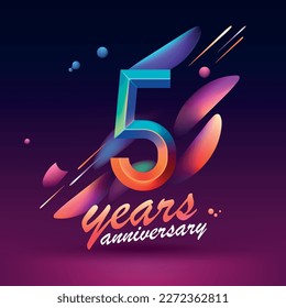 5 years anniversary vector icon, symbol, logo. Graphic background in modern style or card with neon number for 5th anniversary birthday celebration