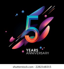 5 years anniversary vector icon, symbol, logo. Graphic background or card with neon number for 5th anniversary birthday celebration