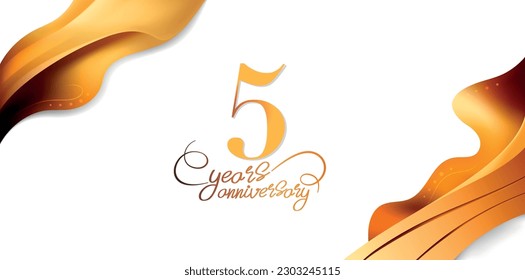 5 years anniversary vector icon, logo. Isolated elegant design with lettering, wavy ribbon and number for 5th anniversary birthday card or symbol