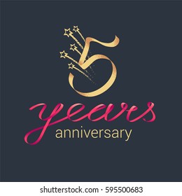 5 years anniversary vector icon,  logo. Graphic design element with lettering and red ribbon for decoration for 5th anniversary ceremony
