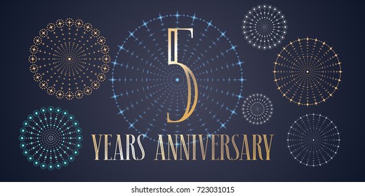 5 years anniversary vector icon, logo. Template design, banner  with fireworks for 5th anniversary greeting card, can be used as decoration element