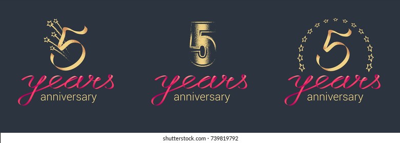 5 years anniversary vector icon,  logo set. Graphic design element with lettering and red ribbon for  celebration of 5th anniversary