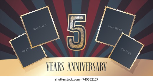 5 years anniversary vector icon, logo. Template design element, greeting card with collage of photo frames and gold color number for 5th anniversary. Can be used as background or banner