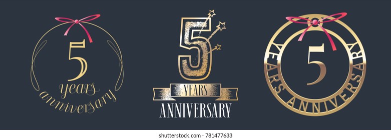 5 years anniversary vector icon, logo set. Graphic design element with golden numbers for 5th anniversary celebration