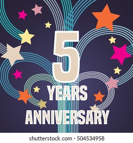 5 years anniversary vector illustration, banner, flyer, icon, symbol, sign, logo. Graphic design element with fireworks for 5th anniversary, birthday card