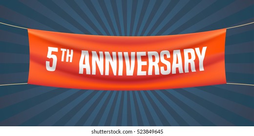 5 years anniversary vector illustration, banner, flyer, logo, icon, symbol. Graphic design element with red flag for 5th anniversary, birthday greeting, event celebration
