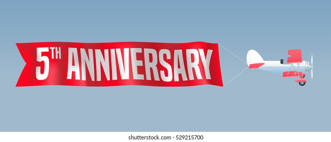 5 años de ilustración vectorial, banner, volante, icono, símbolo, signo. Elemento de diseño con avión y cinta ondulada para quinto aniversario, tarjeta de cumpleaños
