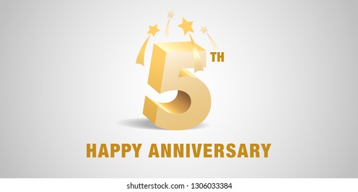 5 years anniversary vector logo, icon. Template banner, symbol with 3d golden numbers for 5th anniversary greeting card 