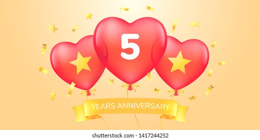 5 years anniversary vector logo, icon. Template banner with hot air balloons for 5th anniversary greeting card 