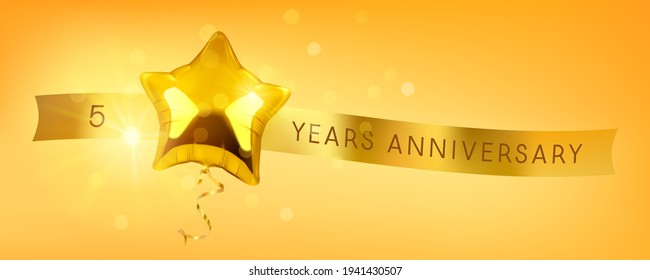 5 years anniversary vector logo, icon. Graphic symbol with golden color balloon for 5th anniversary greeting card