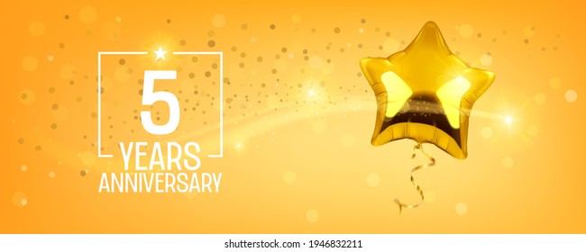 5 years anniversary vector logo, icon. Graphic symbol with golden air balloon for 5th anniversary greeting card