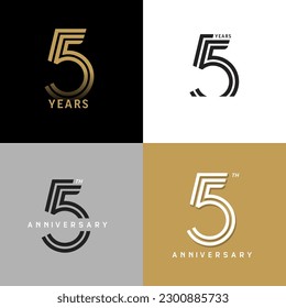 5 años aniversario número de vector icono, etiqueta de logotipo de cumpleaños, negro, blanco y número de banda de colores