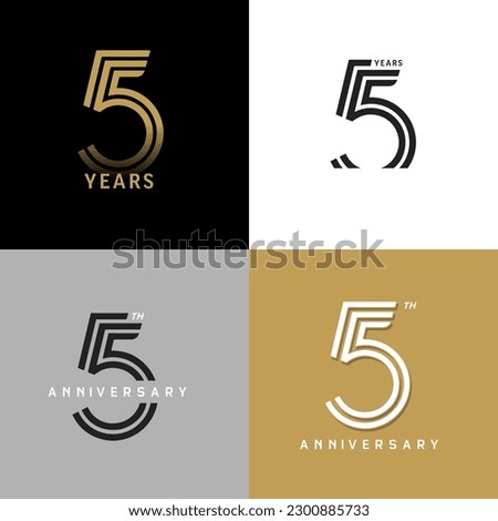 5 years anniversary vector number icon, birthday logo label, black, white and colors stripe number