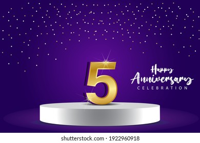 5 Years Anniversary Vector Template Design Illustration. Blue 3d Numbers with podium stage for celebration