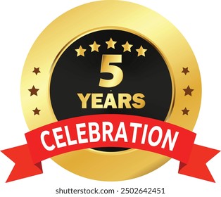 5 Years Celebration seal, 5 Years Golden Logo, 5 Years Anniversary, Five Years Celebration with Red Ribbon, Celebration in Golden Red ribbon