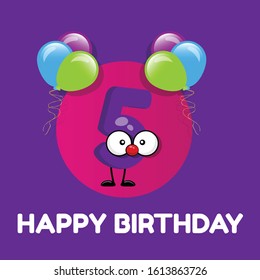 5 years - cute birthday card. funny charakter number.birthday balloons.