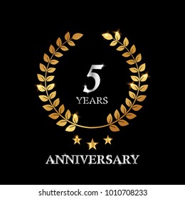 5 years gold anniversary celebration simple logo, isolated on dark background