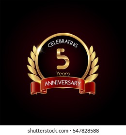 5 years gold anniversary celebration logo with red ribbon , isolated on dark background