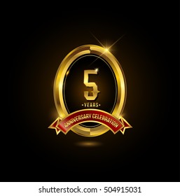 5 years golden anniversary logo with red ribbon and oval ring