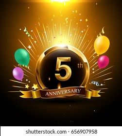 5 Years Golden Anniversary Logo Celebration With Ring, Ribbon, Firework, And Balloon