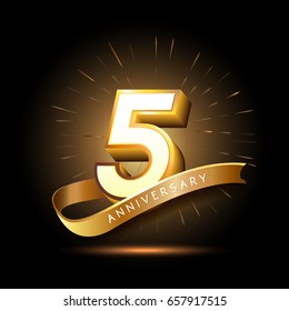 5 years golden anniversary logo celebration with firework and ribbon