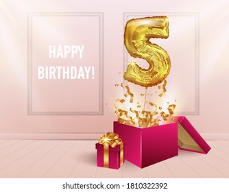 5 years with a Golden balloon. The celebration of the anniversary. Balloons with sparkling confetti fly out of the box, number 5 on the background of the room. A girl's birthday or wedding decorations