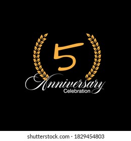 5 years old luxurious logo. Anniversary vector gold colored template framed of palms. Greetings ages celebrates. Celebrating laurel branches