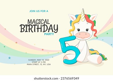 5 años Invitación a la fiesta de cumpleaños de niños mágicos con unicornio de arcoiris lindo