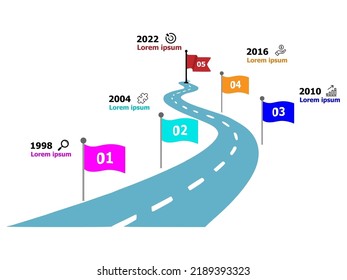 5 years roadmap infographic template. Flags on road style infographic design. Can be used for business presentation or any purposes. Can edit to your own texts. Vector EPS10 