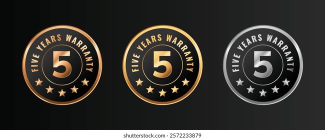 5  years warranty badge, logo, stamp design. Golden and platinum round elegant warranty template sticker.