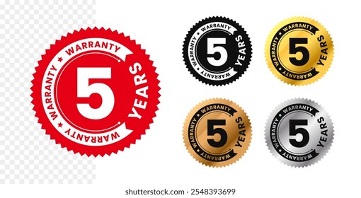 5 years warranty in circle. Five years warranty with circular text. Red, black, gold, silver, bronze premium color. Sticker, label, badge, icon, sign, emblem, stamp, logo, tag, seal, symbol. Vector