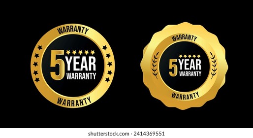 5 years of warranty. Five years warranty card with two different labels, stamps, icons design. 5 years warranty labels, stamp designs in golden and black colour. Quality assurance with warranty card.