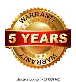 5 years warranty golden label  with ribbon.  Vector illustration.