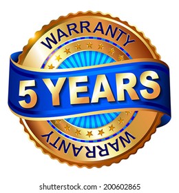 5 years warranty golden label with ribbon.  Vector illustration.