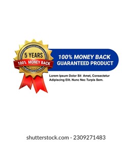 5 years warranty golden label with ribbon. Vector illustration.