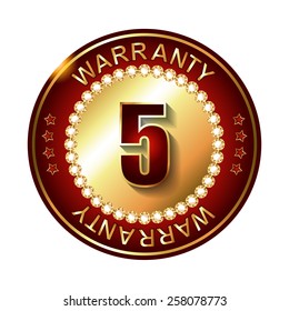 5 years warranty golden label with ribbon.  Vector illustration.