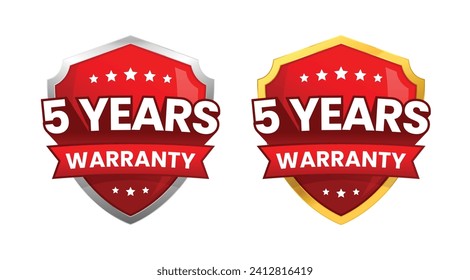 5 years warranty label or badge design, with a minimalist and shiny red shield icon isolated. Vector Illustration