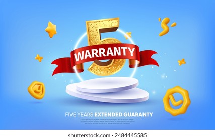 5 años de Ilustración vectorial de la etiqueta de Garantía. 3d cinco años de garantía de seguro sobre fondo azul claro. Productos de seguridad del servicio de Garantía. Número uno dorado con cinta roja en el podio.