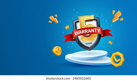 5 years warranty label vector illustration. 3d five years guarantee insurance on light blue background. Warranty service security products. Golden number five with red ribbon and shield on podium.