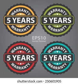 5 years warranty on green vintage, retro sticker, badge, icon, stamp, vector format