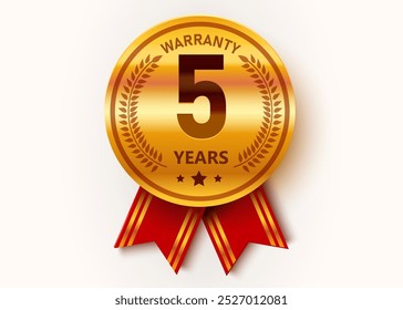 5 Years Warranty. Warranty Sign. Golden medal with ribbons. Vector Illustration.