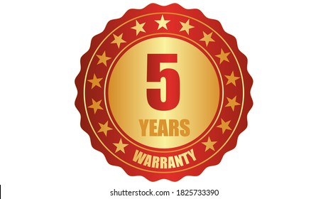 5 years warranty stamp icon or a warranty tag, badge, label, original certified concept seal vector illustration, logo isolated on white background and golden red text