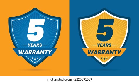 5 Years warranty in yellow and Blue background. 5 Years warranty logo. 5 Years warranty badge.