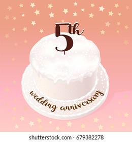 5 years of wedding or marriage vector icon, illustration. Design element with celebration cake for 5th wedding anniversary