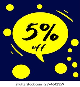 5% yellow discount hall with polka dots on blue background, percentage and promotion